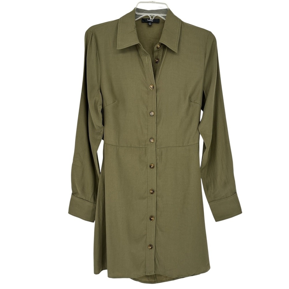 Lulus Olive Green Button Front Mini Dress Long Sleeve Back Cutout Size Small